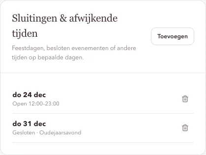 Gesloten dagen en afwijkende tijden bij Instellingen