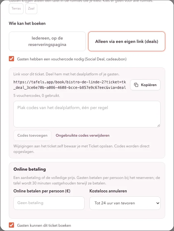 Een dealticket met de link en vouchercodes