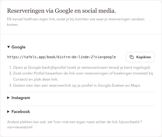 Kant-en-klare links per kanaal bij Instellingen